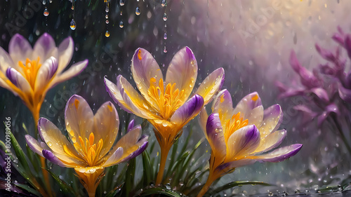 floral background  yellow crocuses with water drops  perfect composition  high detail 