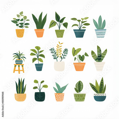 Set of plants in pot isolated on white background illustration. Different houseplants collection. Pothos, Spider plant, ZZ plant, Peace lily, Aloe vera, Rubber plant, Monstera, Jade plant