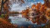 Lake and yellow forest view, reflections on the lake, Alexander park during autumn, Russia