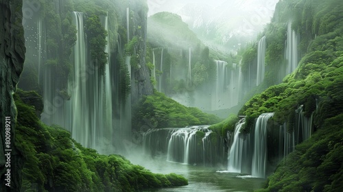 Lush green landscape with towering waterfalls, mist rising from the waters, untouched wilderness, a sense of majestic beauty, AI Generative photo