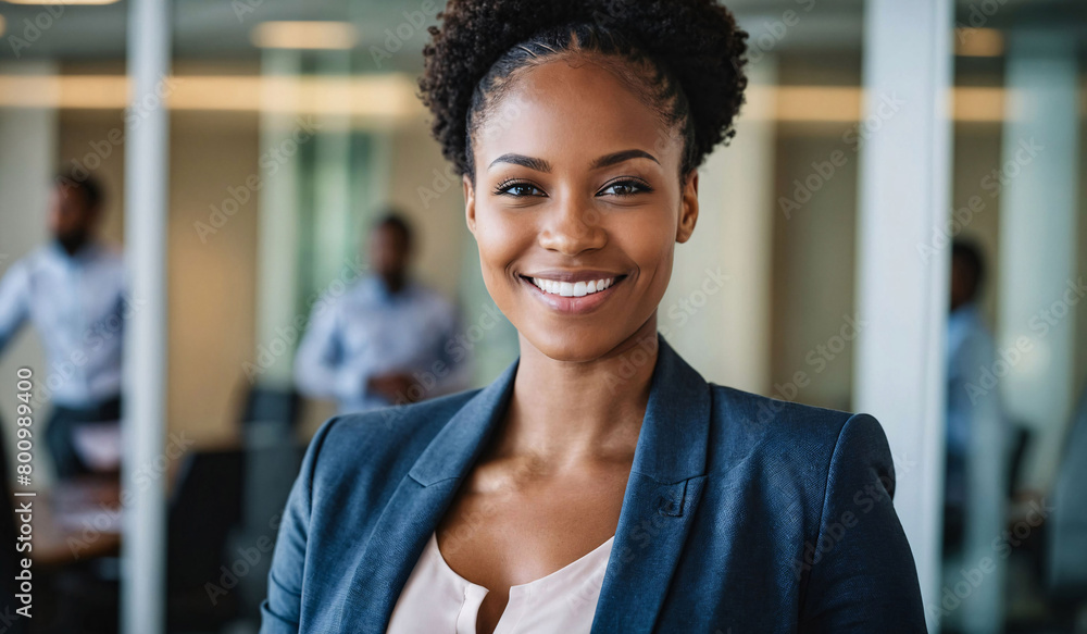 a smiling african woman in a suit and pink shirt smiles at the camera a smiling african woman in a suit and pink shirt smiles at the camera