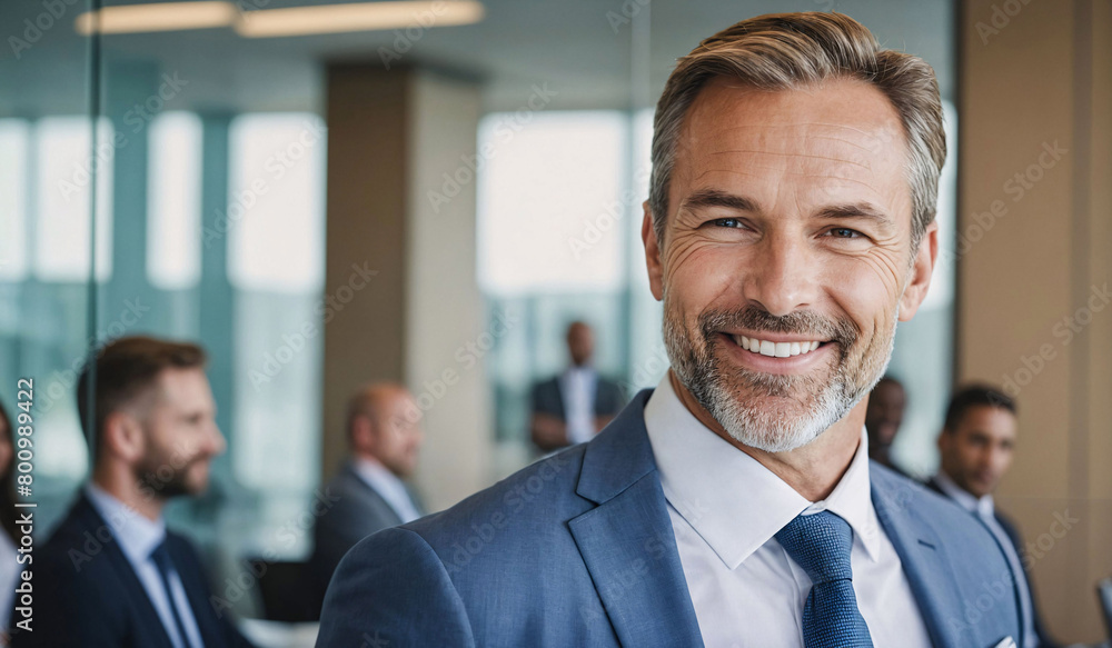 a man in a blue suit standing at a meeting room a man in a blue suit standing at a meeting room