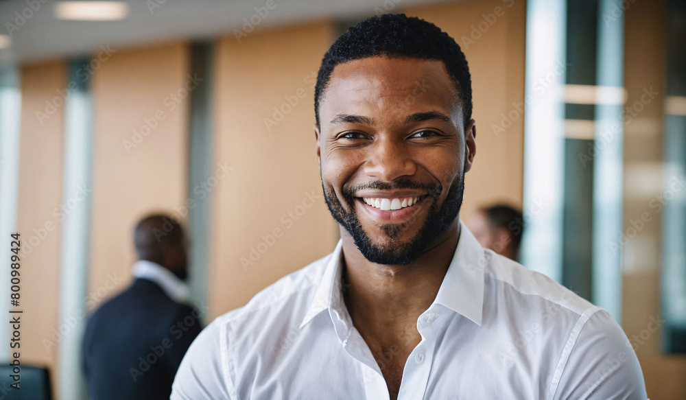 the smiling man is standing in front of a conference room the smiling man is standing in front of a conference room