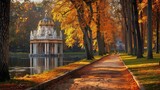 Lake and yellow forest view, reflections on the lake, Alexander park during autumn, Russia