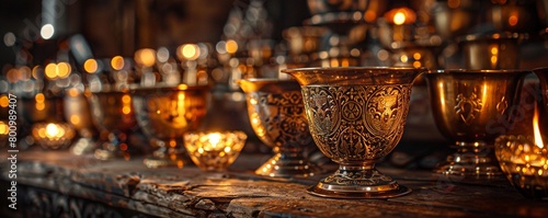 Medieval cups, featuring coats of arms and intricate metalwork, whispering tales of knights and dragons Present the cups in a castle hall, bathed in the warm glow of torchlight