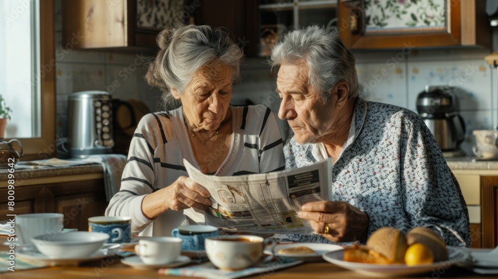 A couple of older people are sitting at a table reading a newspaper A couple of older people are sitting at a table reading a newspaper