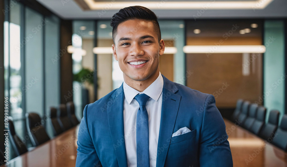 Fototapeta premium a man in a blue suit smiling for the camera with his hand on his lap