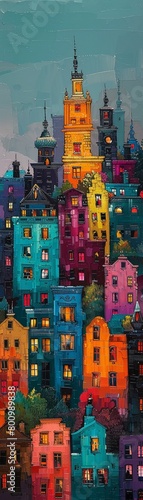 Overlooking a city skyline, rows of colorful buildings blend architecture from various cultures The scene, painted with a soft Rembrandt lighting effect, conveys the fusion photo