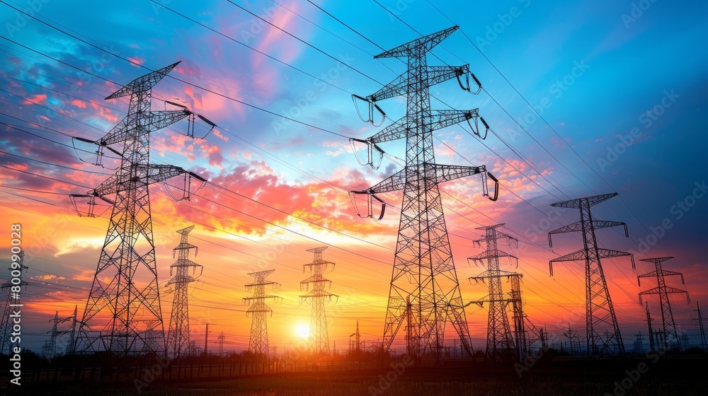 Sunrise paints the sky in hues of hope over a scene of high voltage pylons, AI Generative