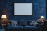 A single blank frame hangs above a contemporary sofa in a cozy den
