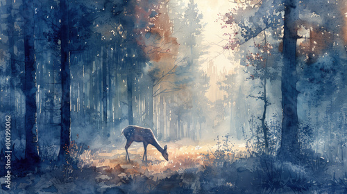 Watercolor painting depicting a deer standing in a misty forest with morning light shining through the trees © boxstock production