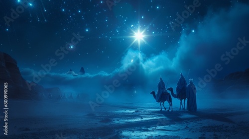 Three Wise Men. Christian Christmas scene with the three wise men and shining star 3d render, AI Generative