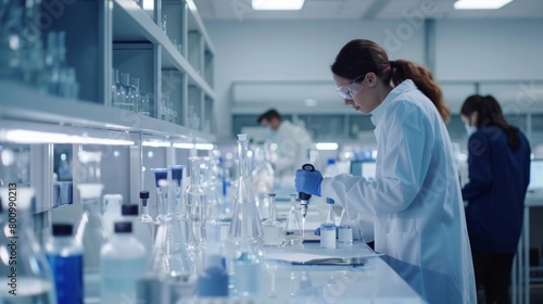 Wide angle of a modern laboratory showcasing researchers at work, focusing on a diverse array of lab activities from chemical analysis to biological studies, AI Generative photo
