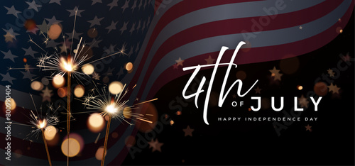 4th of July banner, US flag and sparkler fireworks