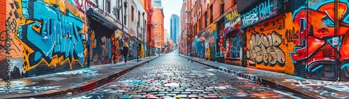 Vibrant city street with graffiti-covered walls Style