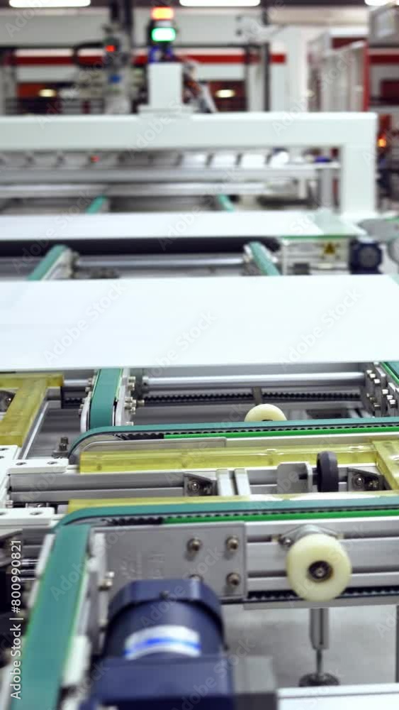 Modern automated solar energy production. Factory producing solar panels. Industrial robotic machinery working on a solar panel plant. Vertical video Modern automated solar energy production. Factory producing solar panels. Industrial robotic machinery working on a solar panel plant. Vertical video
