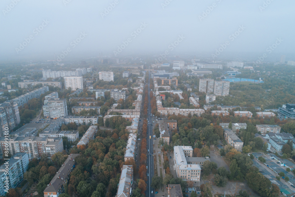 Aerial view of Dnipto city, Ukraine in fog. Cityscape. Panoramic view. Foggy metropolis. Ghost town. Atmospheric shot. Aerial view of Dnipto city, Ukraine in fog. Cityscape. Panoramic view. Foggy metropolis. Ghost town. Atmospheric shot.