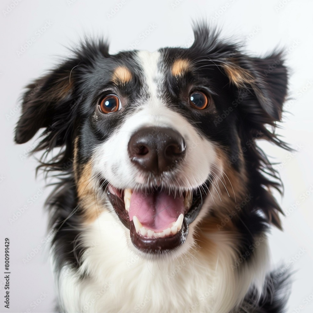 Happy Australian Shepherd Dog with Open Mouth and Shiny Eyes on White Background Happy Australian Shepherd Dog with Open Mouth and Shiny Eyes on White Background