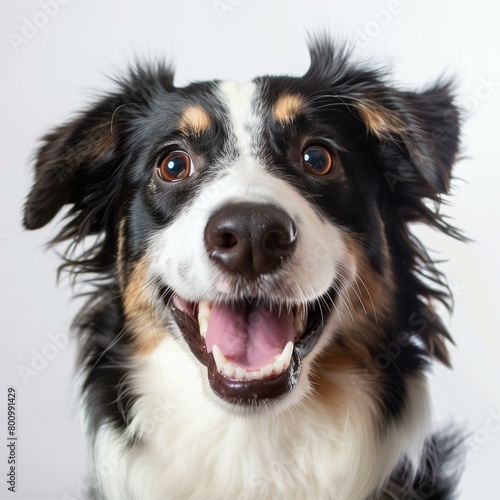 Happy Australian Shepherd Dog with Open Mouth and Shiny Eyes on White Background