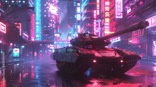 3D Modeling of a Tiger tank with detailed reactive armor, set in a surreal futuristic cityscape, featuring neondrenched nightlife and cybernetic enhancements photo