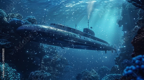 3D render of a Uboat submerged in the deep ocean, featuring bioluminescent ecosystems around it, depicted in a realistic yet surreal underwater setting photo