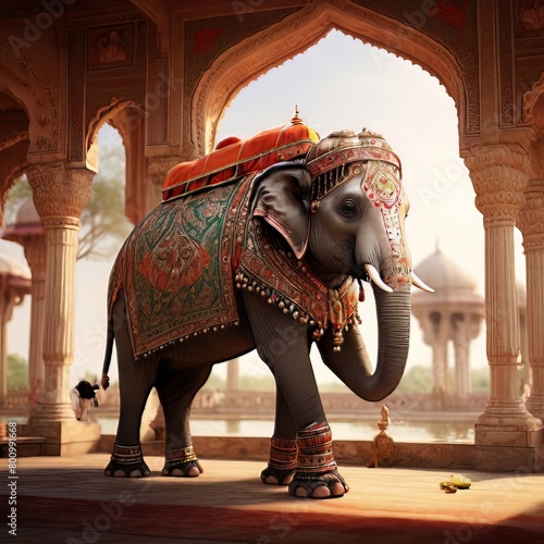 Pattern Mughal peacock elephant painting on a white background, Hindu elephant Ai generated © salman
