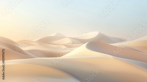 A vast desert landscape with rolling sand dunes under a clear blue sky.