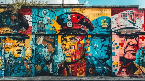 Graffiti Art of nationalism and militarism, depicted as a large, vibrant street mural that critiques these ideologies with ironic symbols and expressive, bold lettering photo