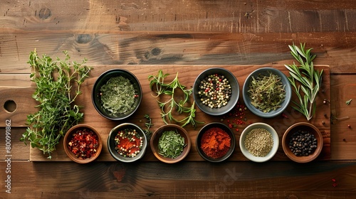Aromatic herbs and spices neatly organized in small bowls on a wooden surface  with plenty of space for writing
