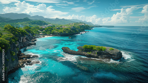 coast of a island seen from above in perspective with cloud and beach  cliff or sea waves breaking on the rocks  the water of the sea has a clear blue  with empty copy space