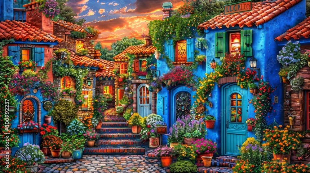 A beautiful small village with colorful houses and flowers