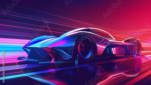 Vector art of a sleek  modern model car  showcased in an abstract  geometric showroom environment  with a glossy finish and vibrant  neoncolored accents that emphasize the cars aerodynamic design and