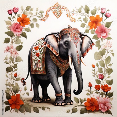 Pattern Mughal peacock elephant painting on a white background, Hindu elephant AI Generated