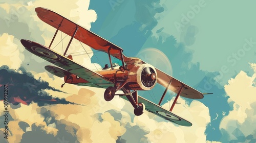 Vector Art of a triplane executing a trench strafing run, stylized with bold, clean lines and a modern, minimalist color palette photo