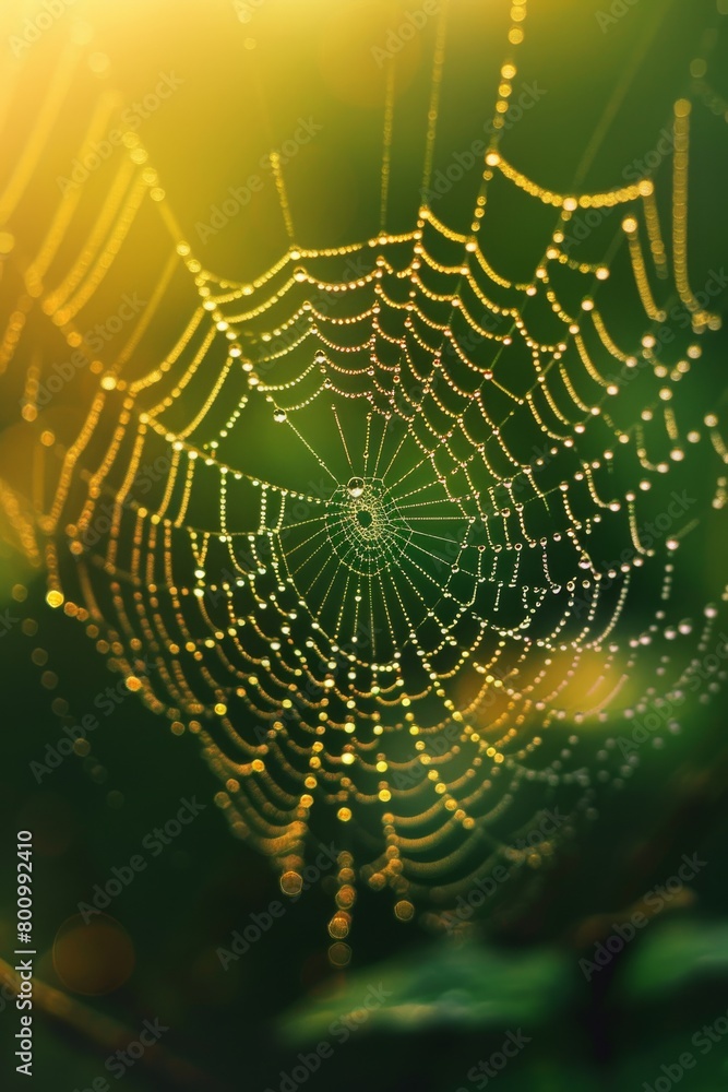 A close up of a spider web with morning dew on it.