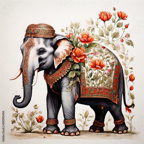 Pattern Mughal peacock elephant painting on a white background, Hindu elephant AI Generated