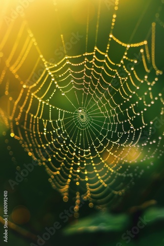 A close up of a spider web with morning dew on it.