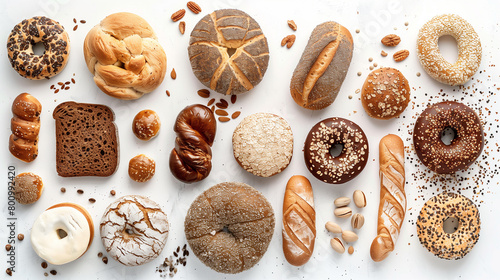 set of handmade wheat loaves. Array of various sorts of seed-covered breads and buns isolated. a set of different types of bread on a white background top view. 