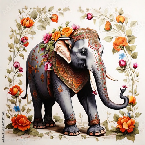 Pattern Mughal peacock elephant painting on a white background  Hindu elephant AI Generated