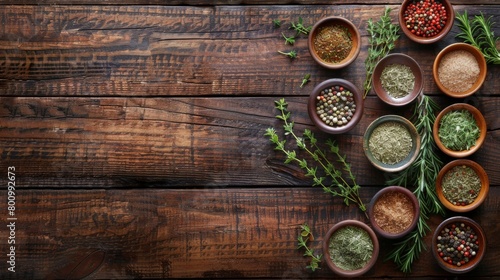 Aromatic herbs and spices neatly organized in small bowls on a wooden surface, with plenty of space for writing