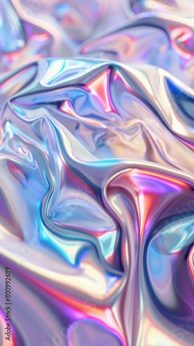 A holographic background of pastel foil flows effortlessly, creating a mesmerizing visual dance