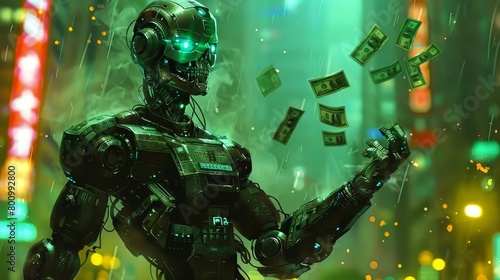 A green robot stands in the rain with money falling around it. © Ai-Pixel