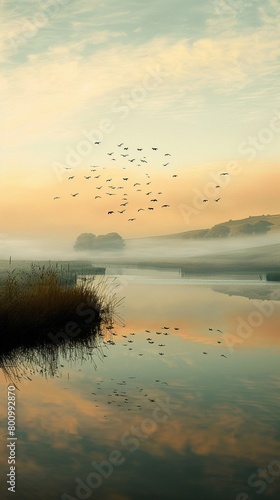 At dawn  a flock of birds dances to the rhythm of nature over a calm  pristine wetland