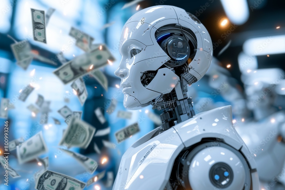 Fototapeta premium A robot is standing in a room with money raining down from above.