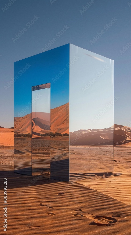 The deserts vastness meets its match in a mirror cube that captures and distorts its surreal landscape The deserts vastness meets its match in a mirror cube that captures and distorts its surreal landscape