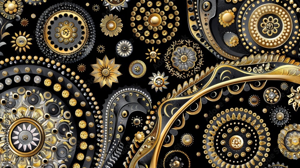 A seamless pattern of metallic gold and silver embellishments on a black background. A seamless pattern of metallic gold and silver embellishments on a black background.