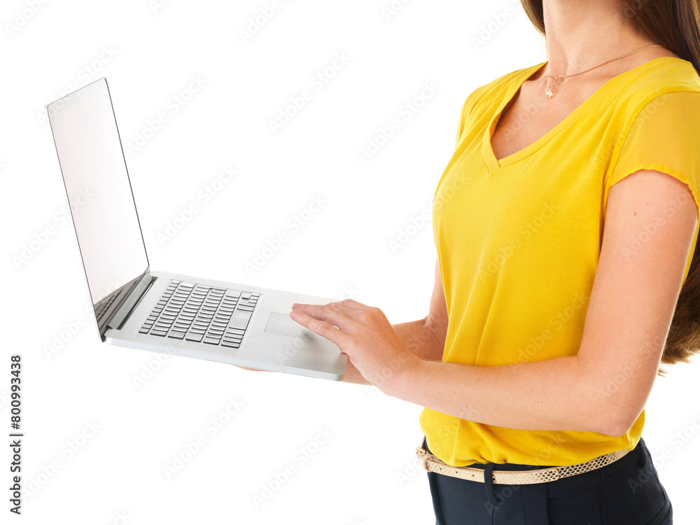 Naklejka premium Woman hands, fashion and laptop in studio for advertising, research and social media on white background. Person scrolling, computer and creative for ecommerce website, information and web design