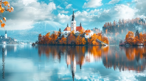Church in the middle of a lake with blue sky and clouds, mountain in the background, Lake Bled, Slovenia