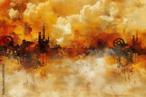 An illustration of a steampunk city in the clouds with a sepia tone.