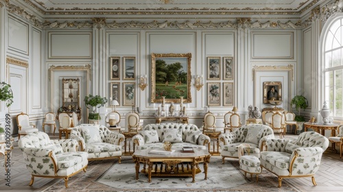 An opulent drawing room with white walls and gilded accents photo